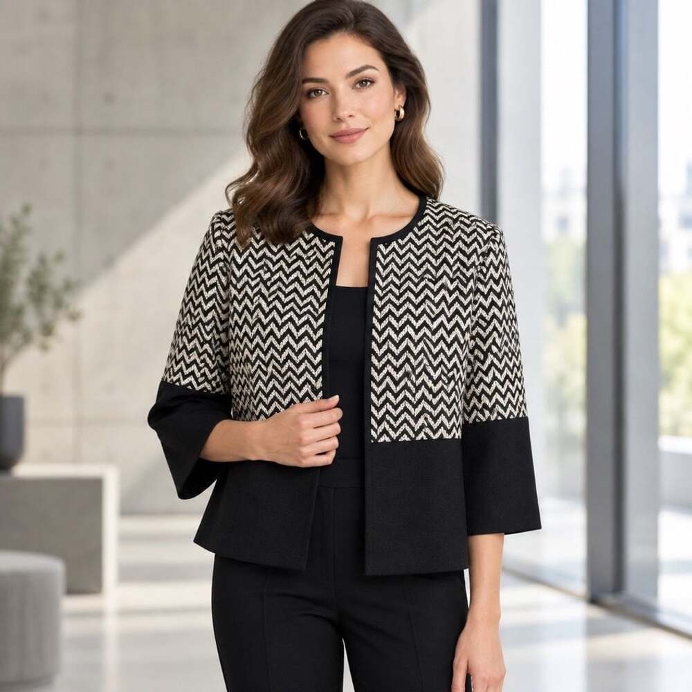 Kasper Open Front Jacket Size 14 Black Ivory Chevron Jacquard